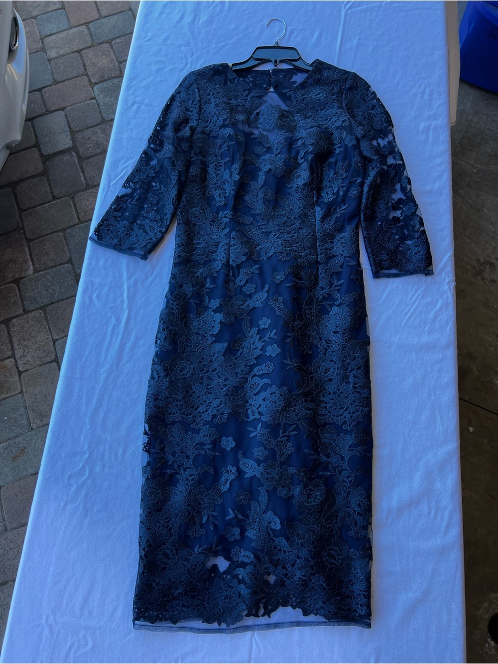JS Collections Navy Lace Midi Dress with Keyhole Neck